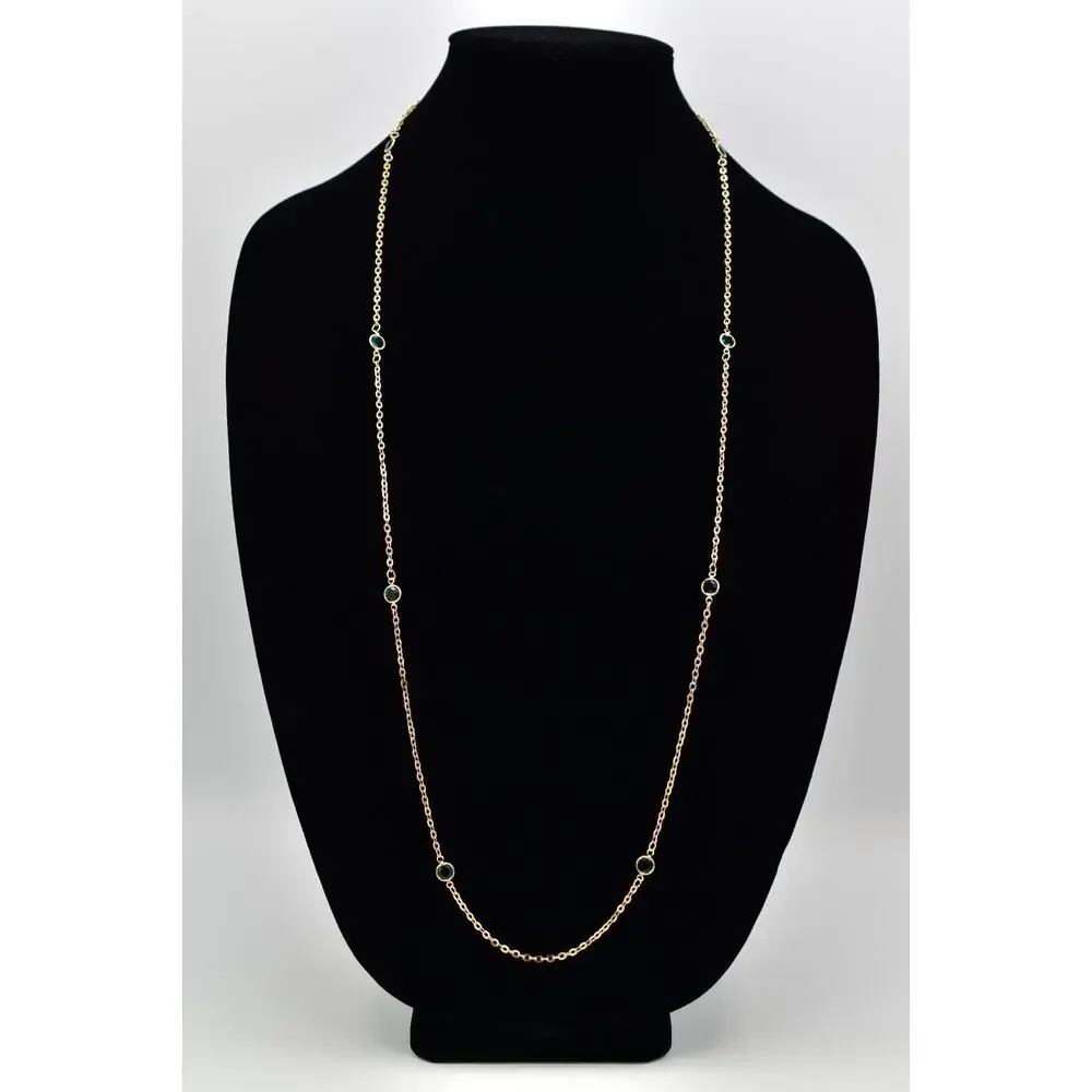 Vintage Green Open Bezel Crystal Necklace Station Chain Gold Tone 1980s BinBJ